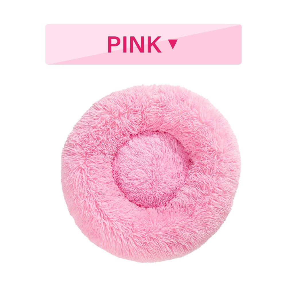 Fluffy Donut Dog Calming Bed | Washable Long Plush Cushion for Dogs L / Pink without zipper beds