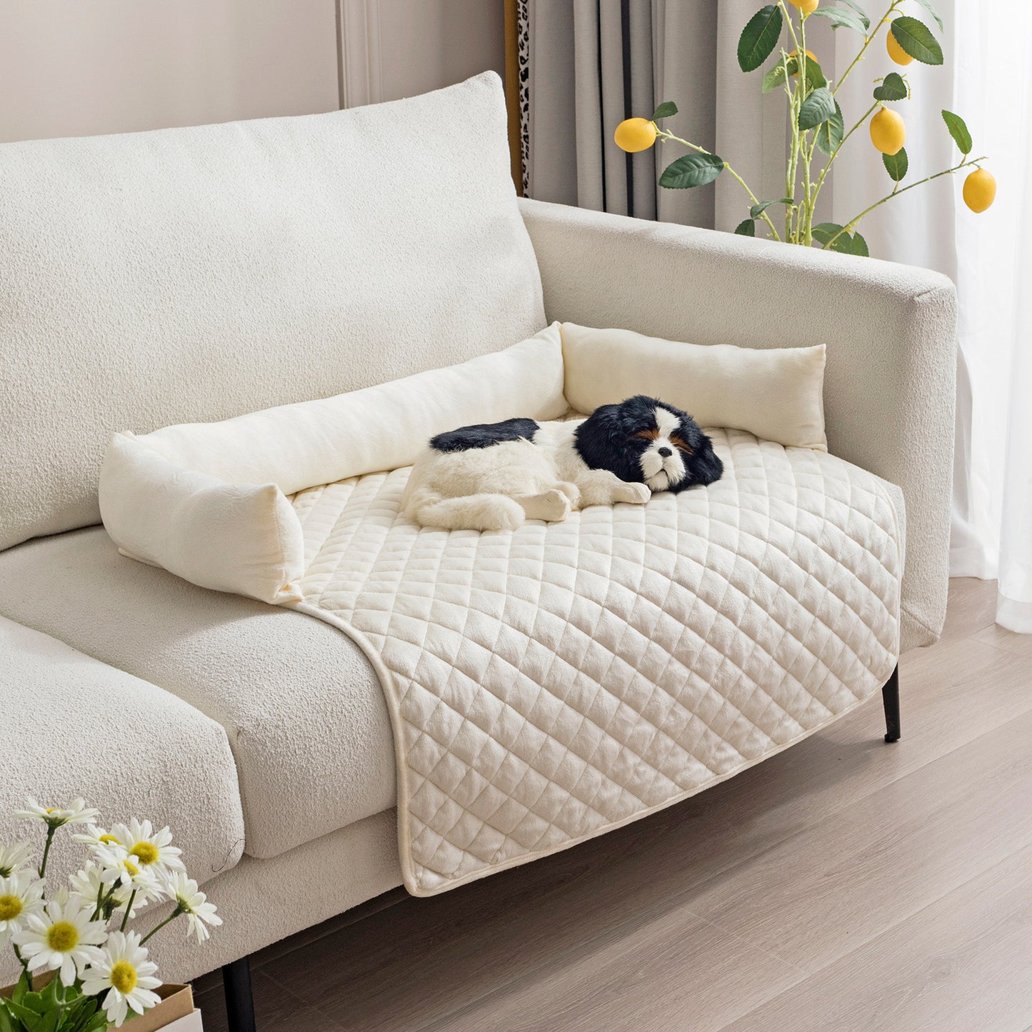 Washable Plush Dog Sofa Bed | Anti Slip Warm Mat for Dogs Pet Pad Beige With Pillow / 75x120cm beds