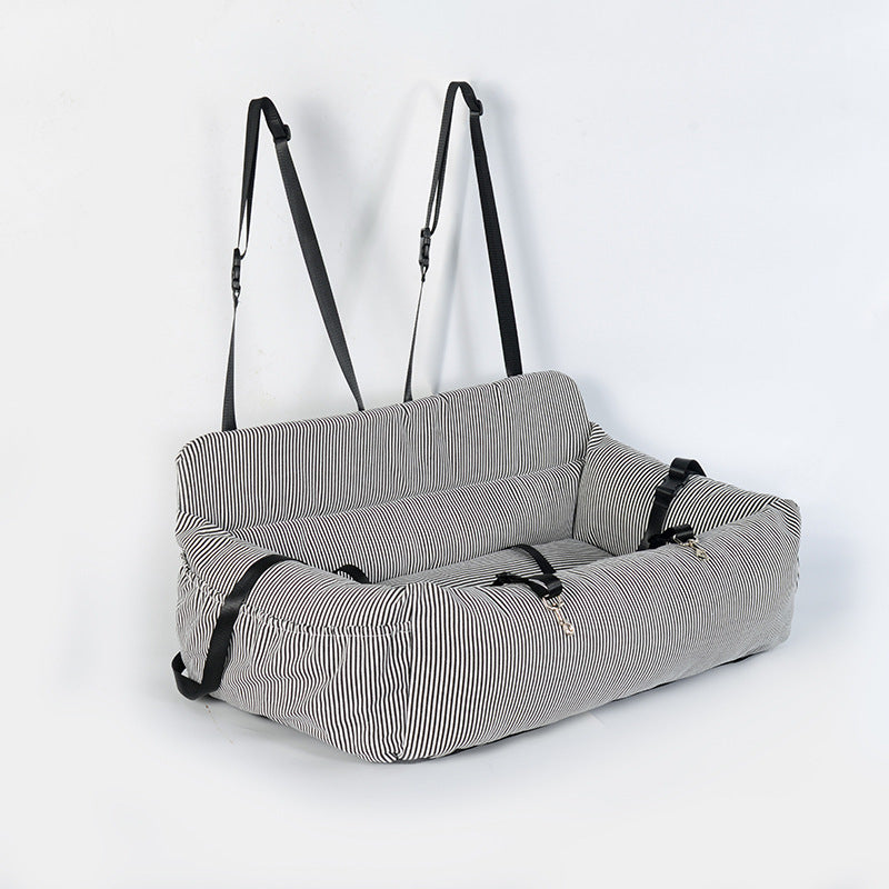 Removable Canvas Dog Travel Car Seat Pad | Durable Pet Bed & Kennel Cover - Black White Thin Stripes / 85x50x30cm