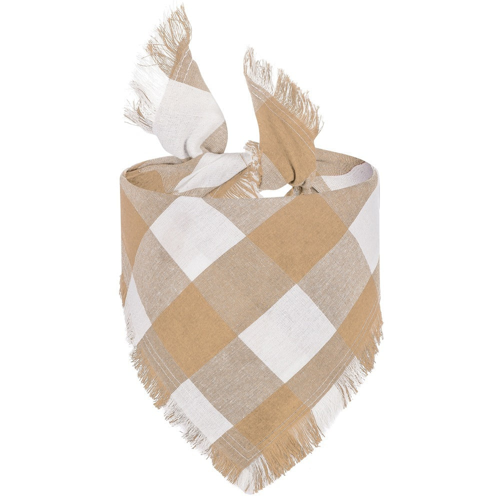 Check Dog Triangle Scarf: Tassel Style Woven Dog Bandana Khaki Accessories