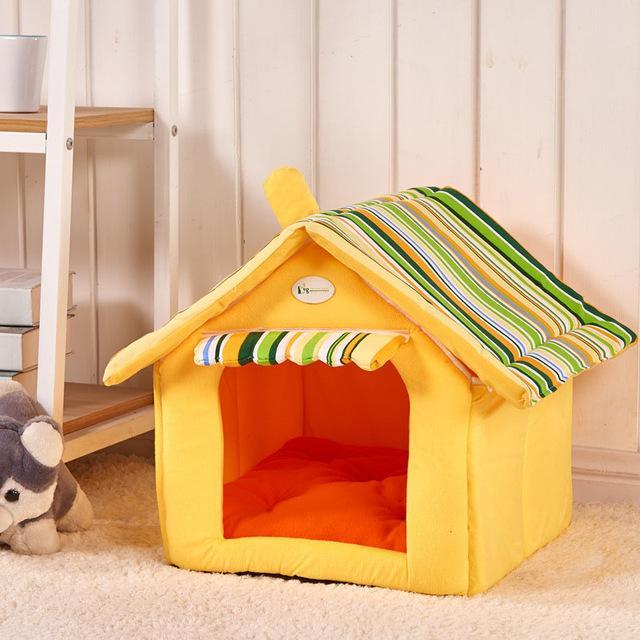 Foldable Dog House And Bed with Removable Cushion | Striped Dog Bed And House Yellow / L beds