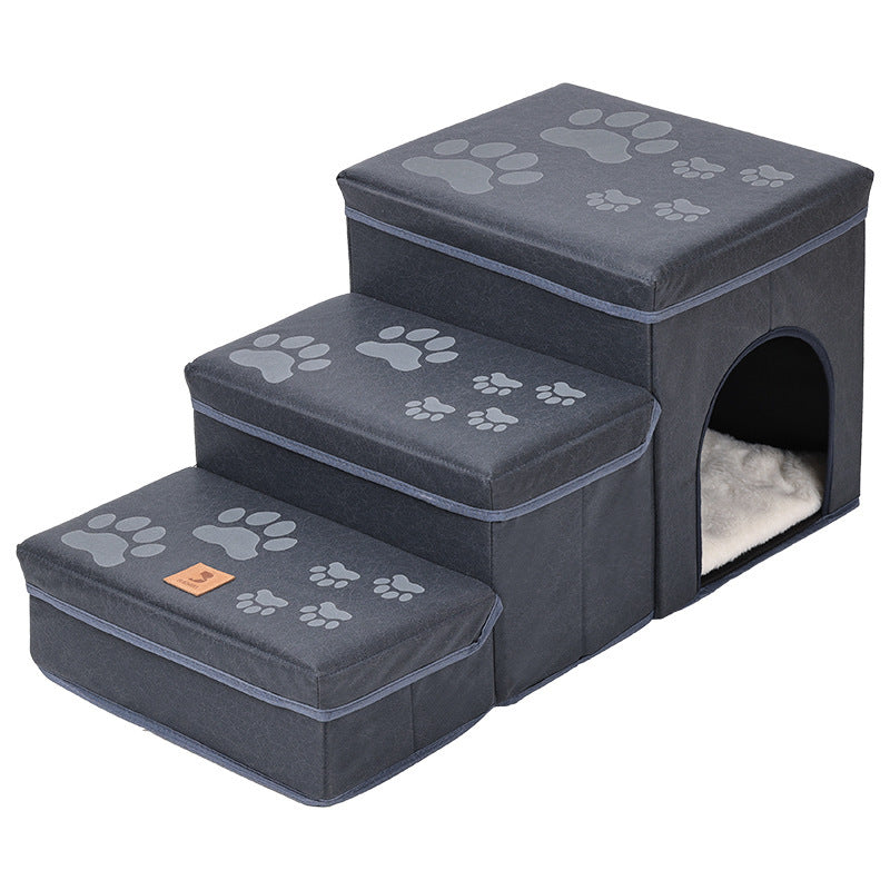 Soft Dog Stairs with Plush Cover | 3 Step Dog And Cat Ladder Paw Print Blue Rabbit Plush home