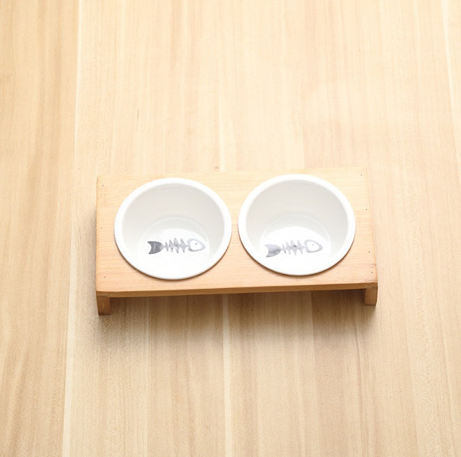 Elevated Bamboo Dog Feeder with Ceramic Bowls | Single Double And Triple Dog Dishes Two Bowls food