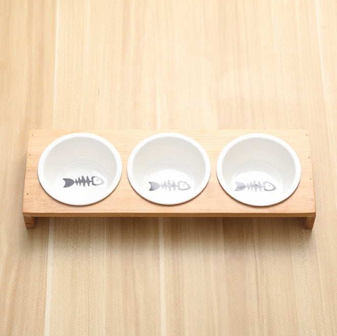 Elevated Bamboo Dog Feeder with Ceramic Bowls | Single Double And Triple Dog Dishes Three Bowls food