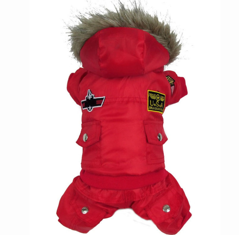 USA Air Force Style Four-Legged Dog Jumpsuit | Warm Winter Coat - Red / L - coats
