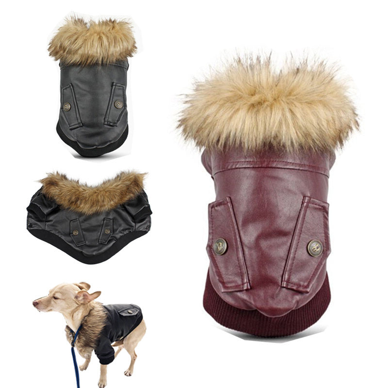 Luxury Dog Leather Coat with Faux Fur Collar | Warm Dog Winter Jacket - Coats & Dog Vests