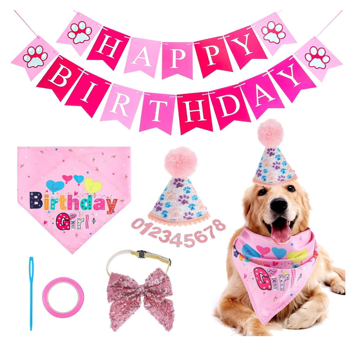 Deluxe Dog Birthday Party Set: Customizable Dog Hat Bandana And Bow Tie for Dog’s Birthdays Pink birthday