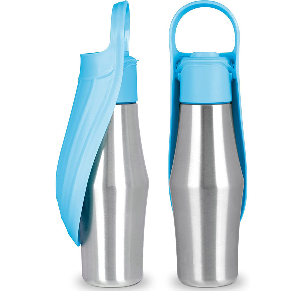 Portable Stainless Steel Dog Water Bottle | Dog Travel Dispenser with Built-in Silicone Bowl - Light Blue - travel
