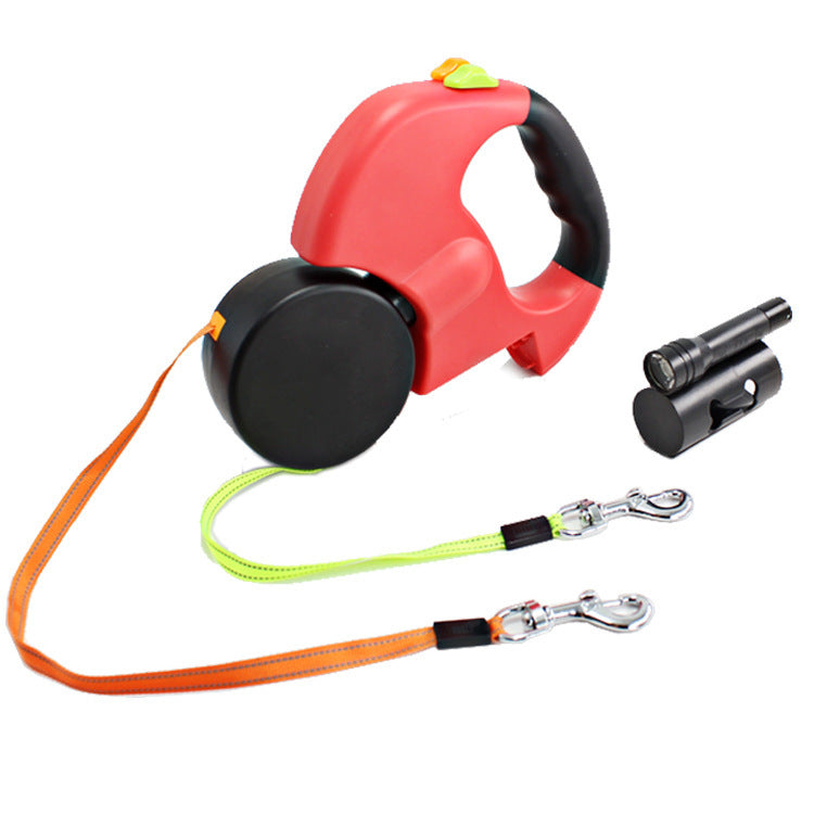 Dual Retractable Dog Leash with Flashlight | Tangle-Free Leash for Two Dogs - Red - leash