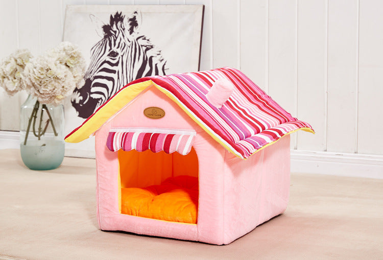 Foldable Dog House And Bed with Removable Cushion | Striped Dog Bed And House Pink / L beds