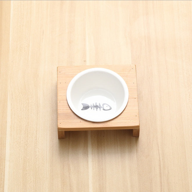 Elevated Bamboo Dog Feeder with Ceramic Bowls | Single Double And Triple Dog Dishes One Bowl food