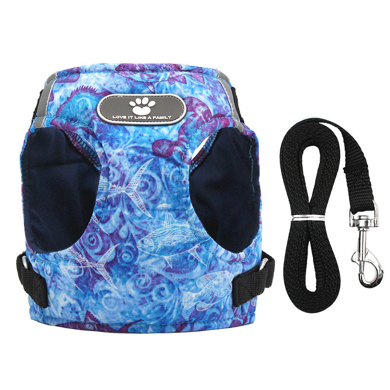 Ocean Print Dog Harness Dog Leash Set | No-Pull Dog Vest for Comfort - Blue / L - coats