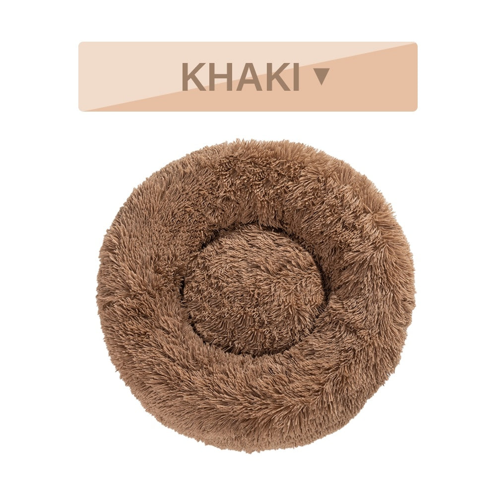 Fluffy Donut Dog Calming Bed | Washable Long Plush Cushion for Dogs L / Khaki without zipper beds