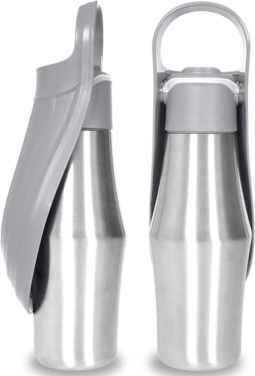 Portable Stainless Steel Dog Water Bottle | Dog Travel Dispenser with Built-in Silicone Bowl - Grey - travel