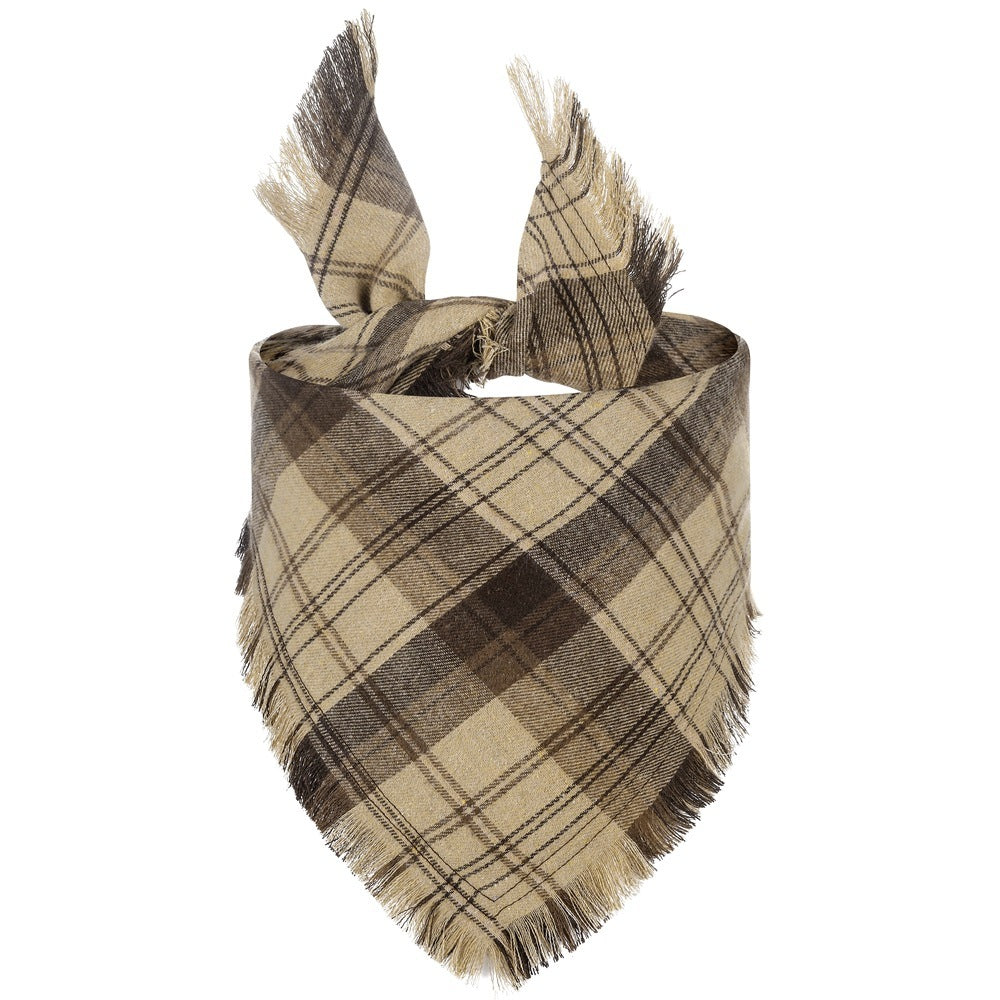 Check Dog Triangle Scarf: Tassel Style Woven Dog Bandana Brown Accessories