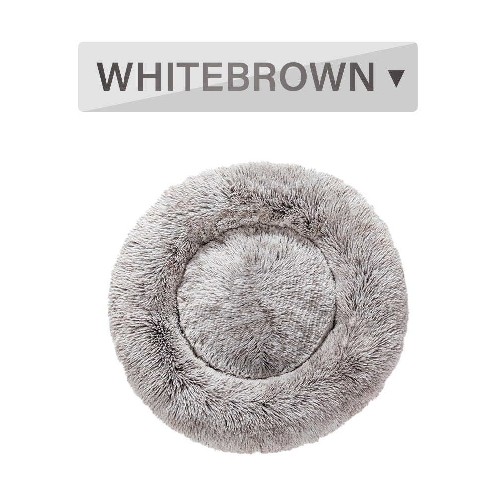 Fluffy Donut Dog Calming Bed | Washable Long Plush Cushion for Dogs L / White Brown without zipper beds