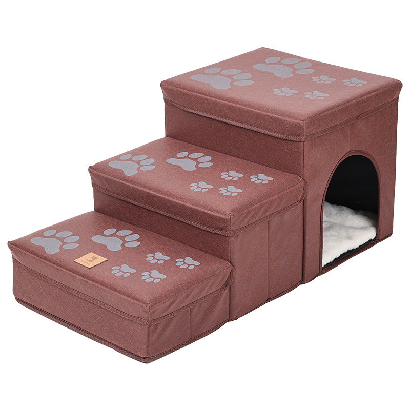 Soft Dog Stairs with Plush Cover | 3 Step Dog And Cat Ladder Paw Print Red Rabbit Plush home