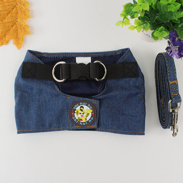 Cute Vest-Style Denim Dog Harness and Leash Set for Small Dogs - Denim dark blue / L - coats
