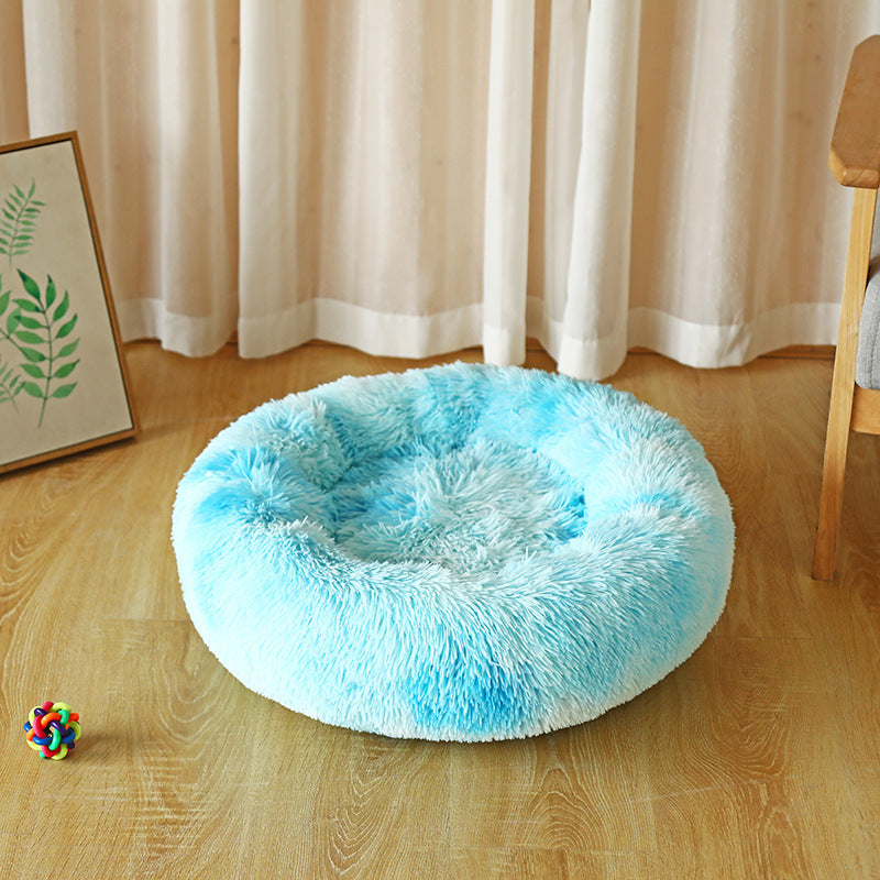 Calming Dog And Cat Bed | Anxiety Relief Round Plush Dog Bed with Luxury Vegan Fur Tiedye sky blue / 100cm beds