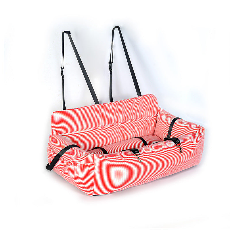 Removable Canvas Dog Travel Car Seat Pad | Durable Pet Bed & Kennel Cover - Red White Thin Stripes / 85x50x30cm - travel