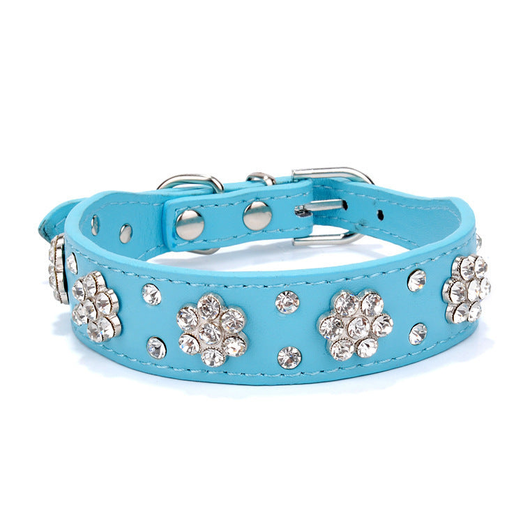 Rhinestone Flower Studded PU Leather Dog Collar | Adjustable Collar For All Dogs Blue / M collar