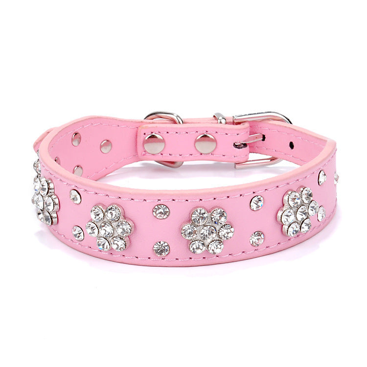 Rhinestone Flower Studded PU Leather Dog Collar | Adjustable Collar For All Dogs Pink / M collar