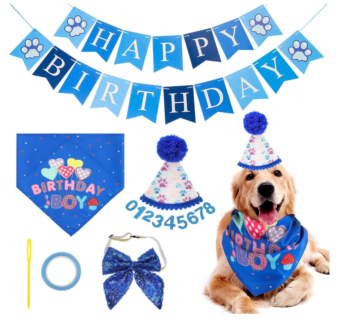 Deluxe Dog Birthday Party Set: Customizable Dog Hat Bandana And Bow Tie for Dog’s Birthdays Blue birthday