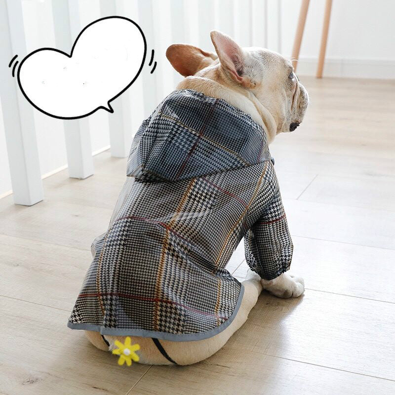 Plaid Dog Raincoat: Tear-Resistant Two-Legged Dog Waterproof Jacket in Grey - Accessories
