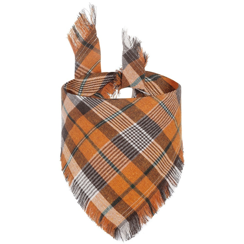 Check Dog Triangle Scarf: Tassel Style Woven Dog Bandana Orange Accessories