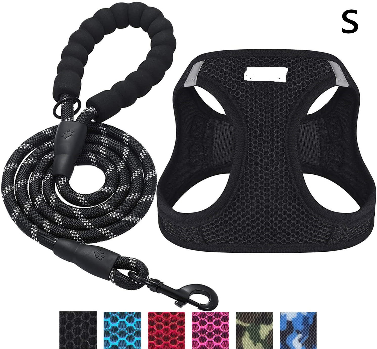 Reflective Nylon Dog Harness and Leash Set for Night Walks - Black S - Accessories