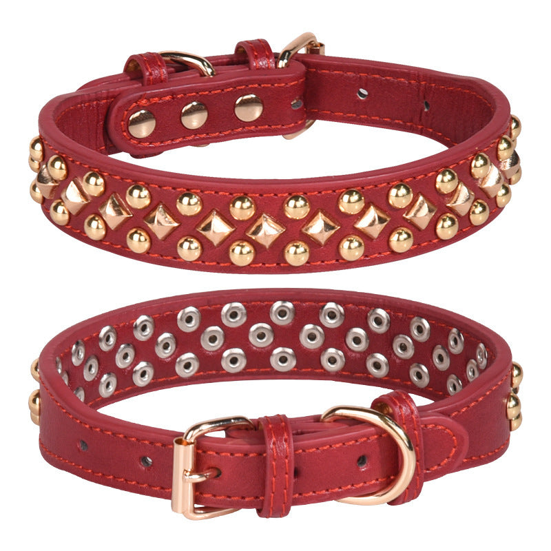 Rivet Golden Leather Dog Collar | Retro Style Dog Collar RED / L 51X3.5CM Accessories