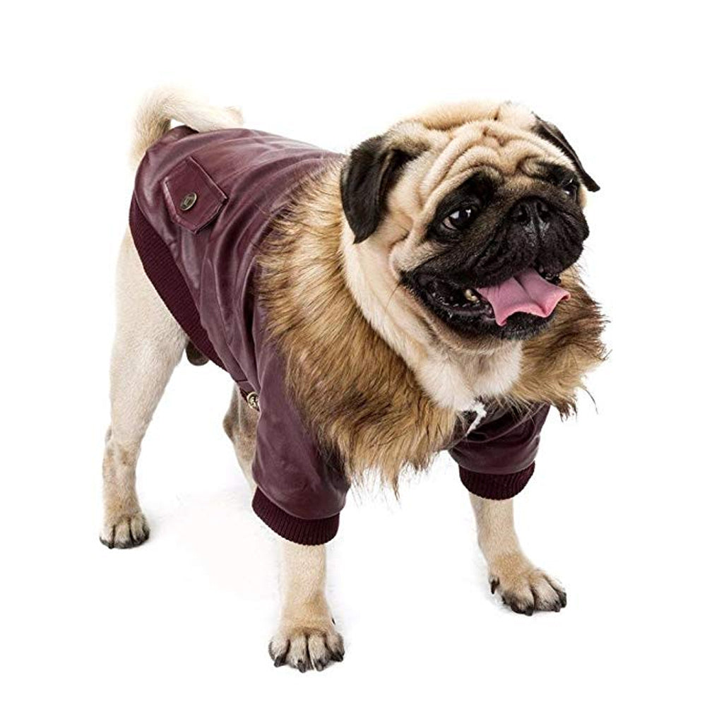 Luxury Dog Leather Coat with Faux Fur Collar | Warm Dog Winter Jacket - Coats & Dog Vests