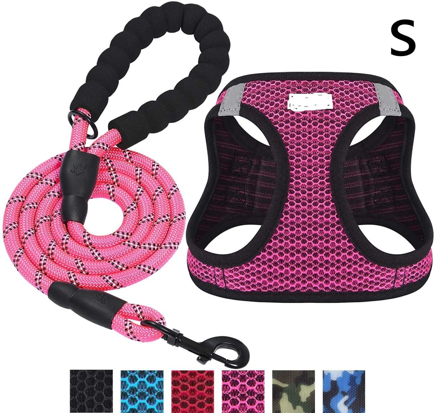 Reflective Nylon Dog Harness and Leash Set for Night Walks - Pink S - Accessories