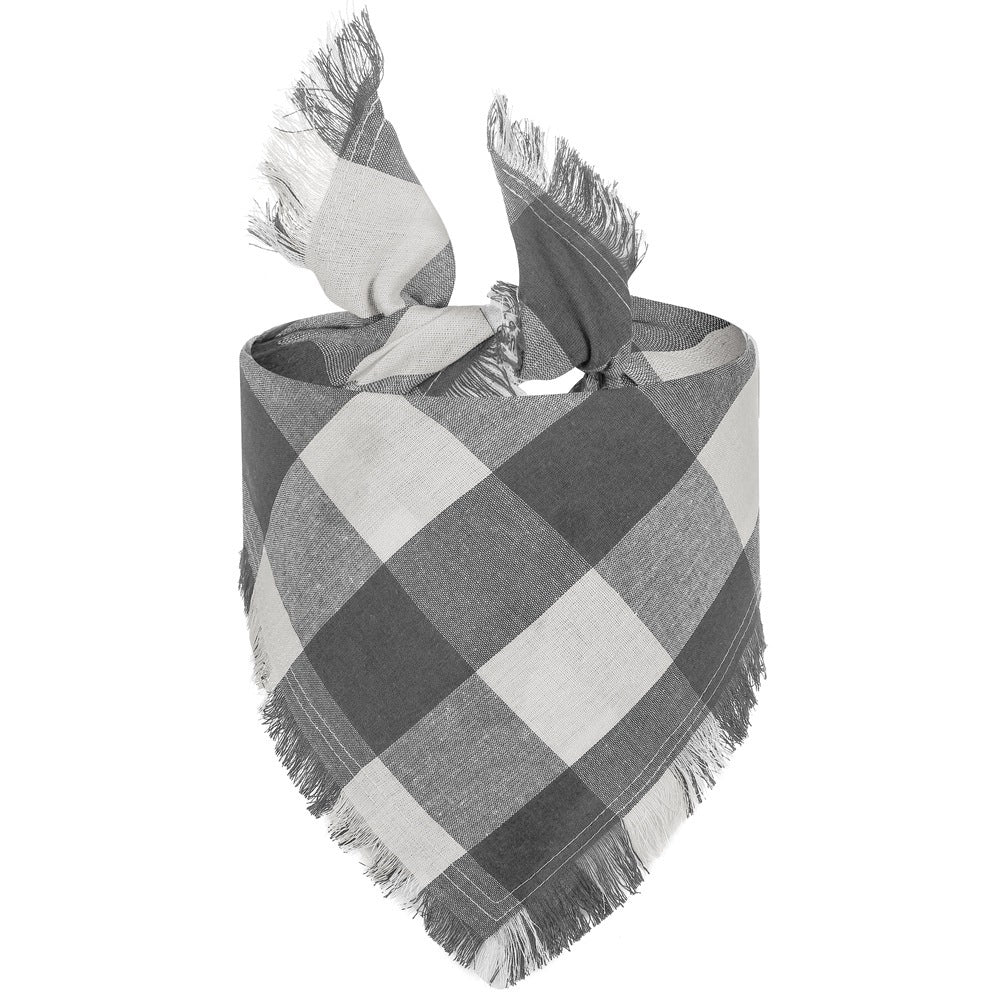Check Dog Triangle Scarf: Tassel Style Woven Dog Bandana Grey Accessories
