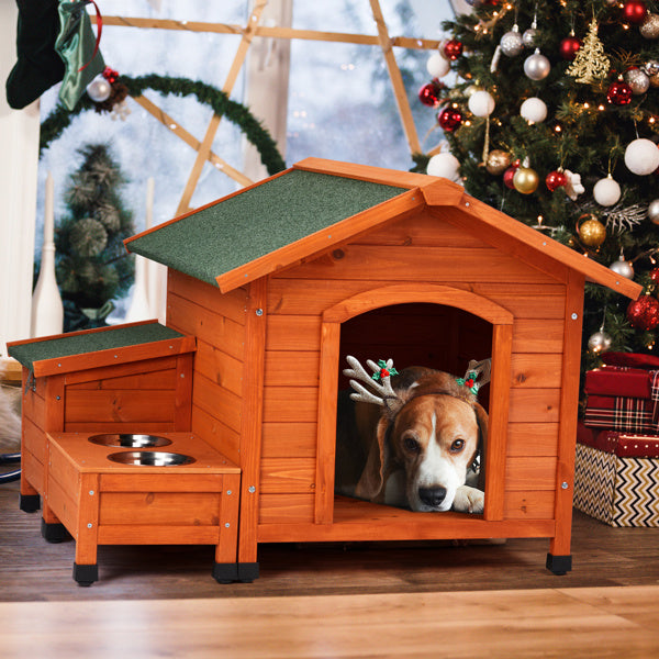 Wooden Dog House with Asphalt Roof | Outdoor And Indoor Dog Kennel Golden red beds