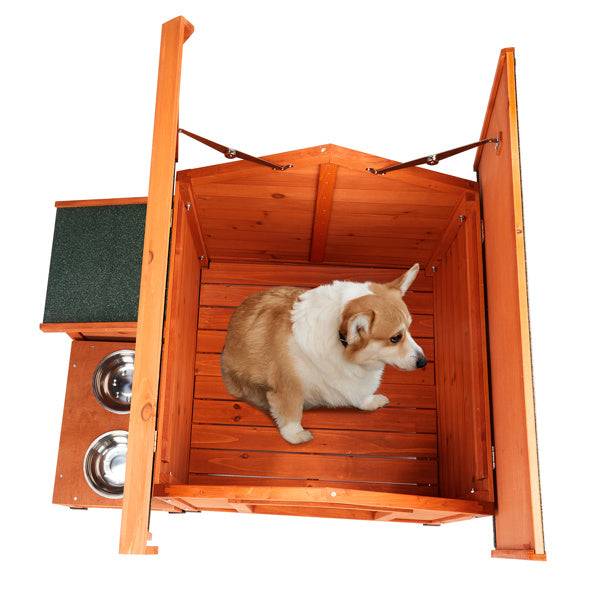 Wooden Dog House with Asphalt Roof | Outdoor And Indoor Dog Kennel Golden red beds