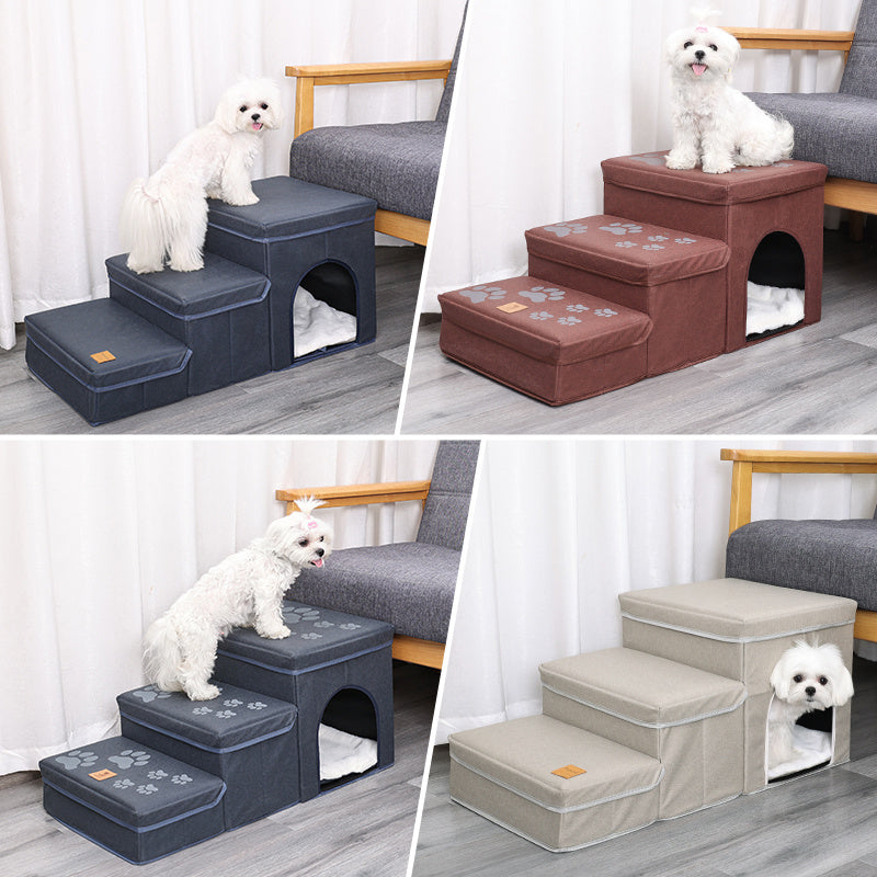 3 Level Foldable Dog Stairs with Built in Storage | Oxford Fabric Dog Ramp Dog Stairs / Dog Stairs white home