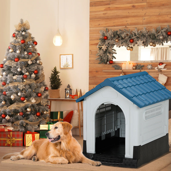 33 Inch Pointed House Type Cat And Dog House Blue white beds