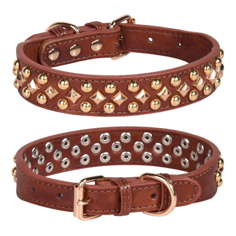 Rivet Golden Leather Dog Collar | Retro Style Dog Collar Brown / L 51X3.5CM Accessories