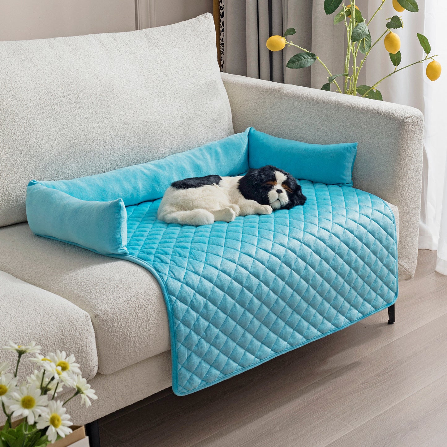 Washable Plush Dog Sofa Bed | Anti Slip Warm Mat for Dogs Pet Pad Blue With Pillow / 75x120cm beds
