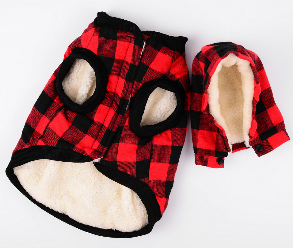 Red and black plaid dog coat with white fur lining on a white background