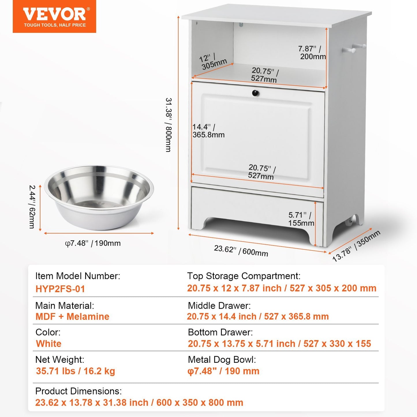 VEVOR Dog Feeding Station with Elevated Dog Bowls | Hidden Storage Cabinet for Dog Food And Toys White food
