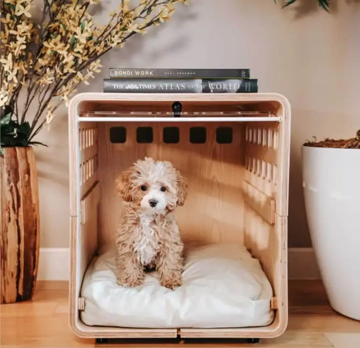 Modern Solid Wood Indoor Dog House | Luxury Dog Kennel with Clear Acrylic Panel house