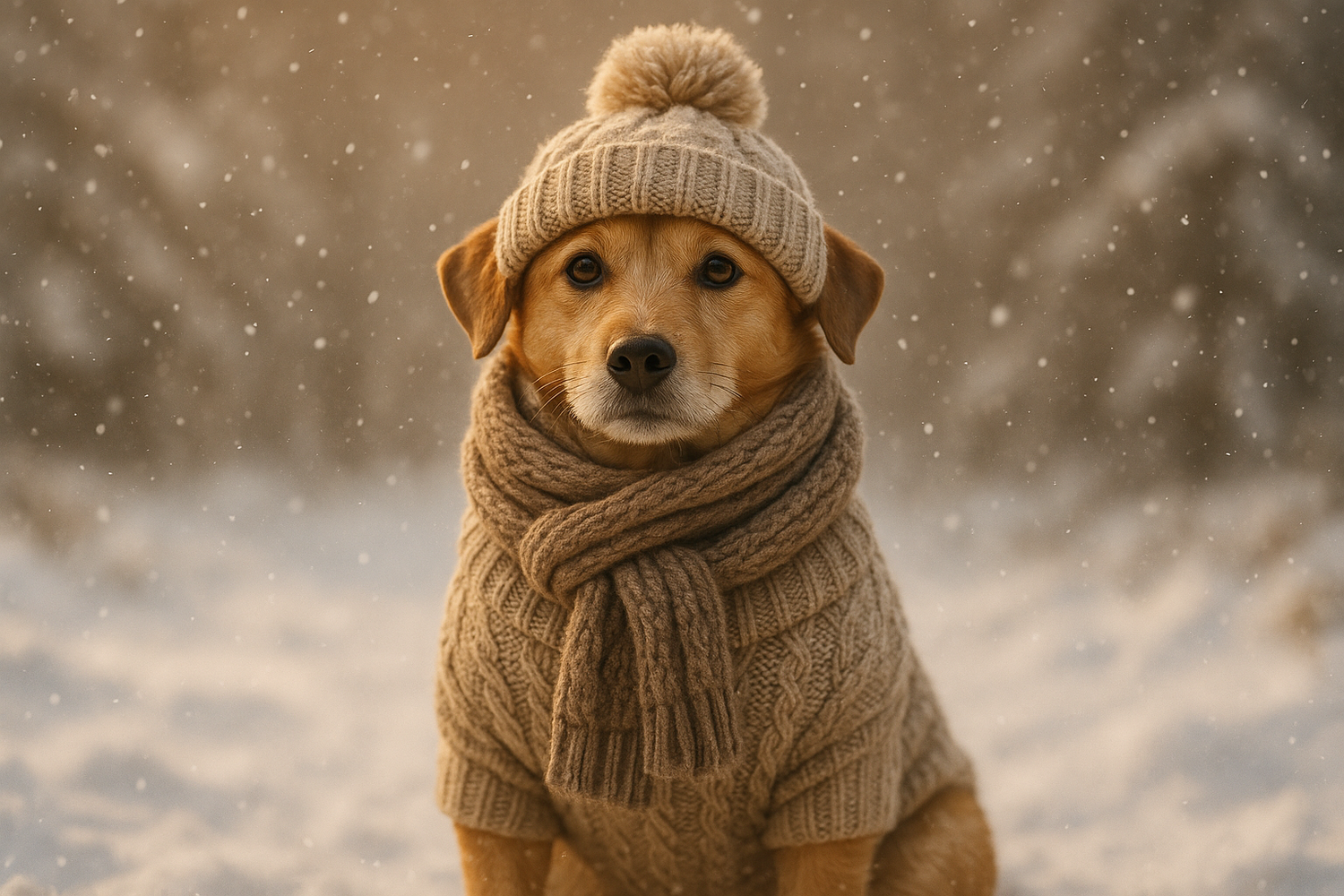 A dog wearing winter clothes for a collection image cover