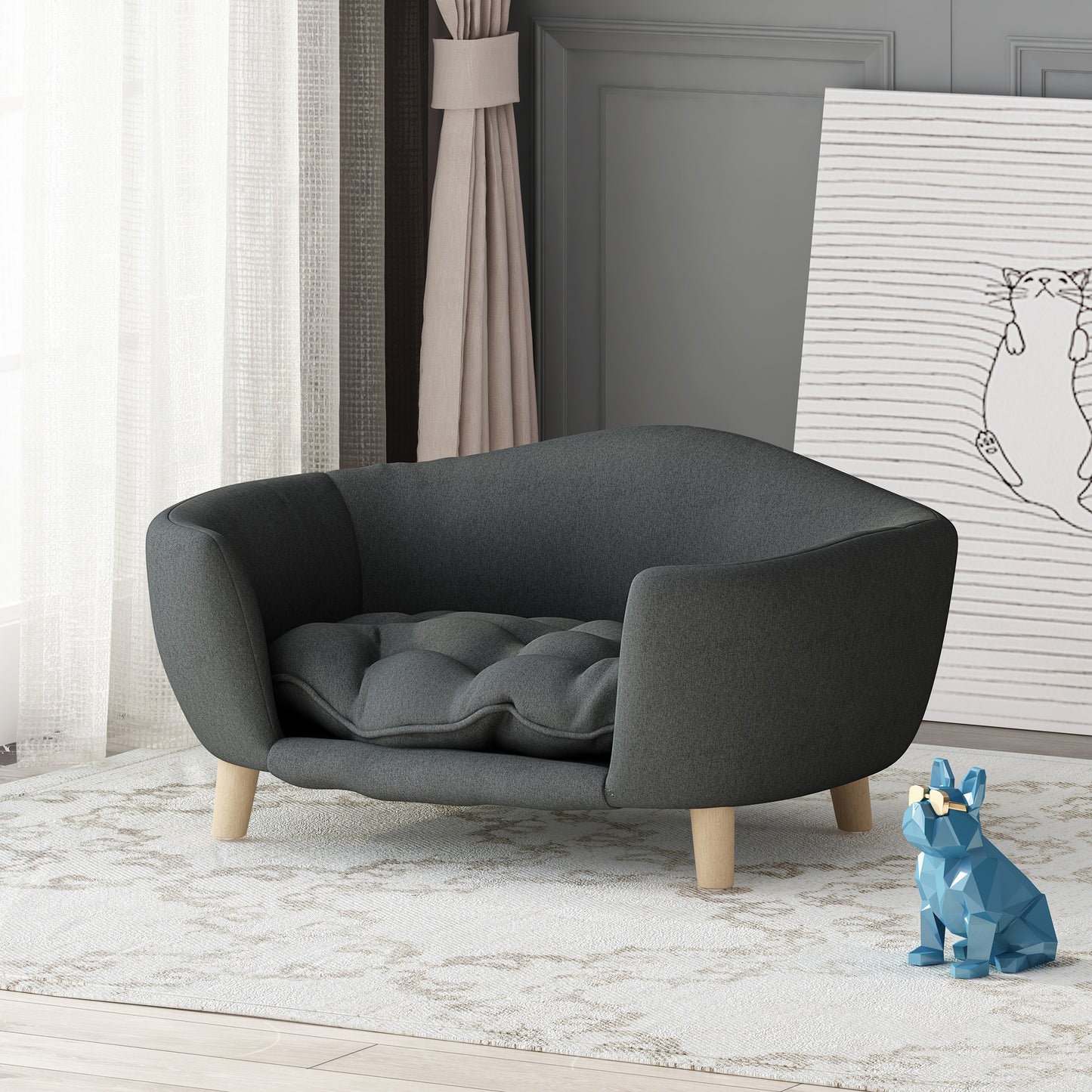 Mid Century Modern Elevated Dog Bed with Tufted Cushion Dark Gray Dog Bed Dark gray Accessories