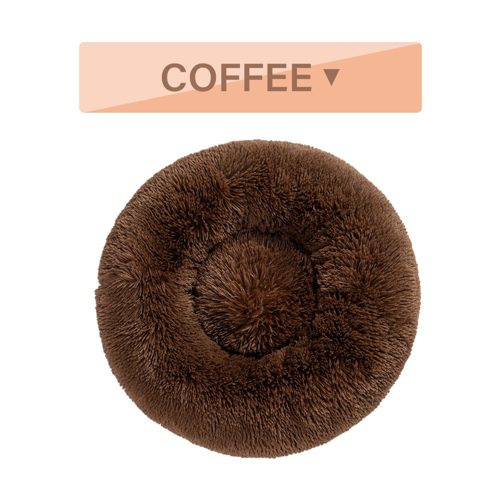 Fluffy Donut Dog Calming Bed | Washable Long Plush Cushion for Dogs L / Coffee without zipper beds