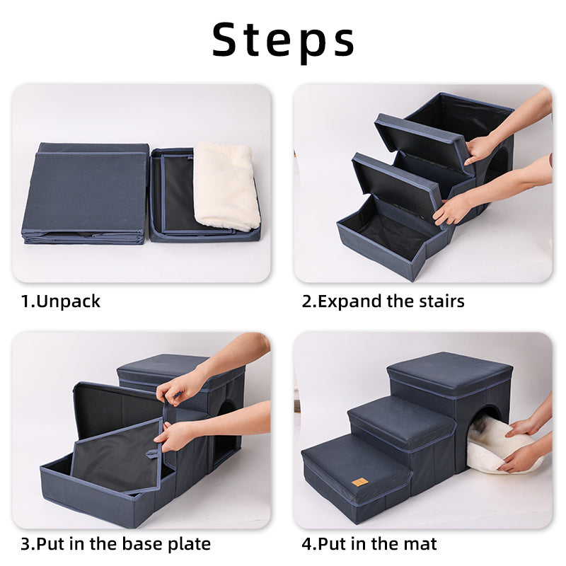 3 Level Foldable Dog Stairs with Built in Storage | Oxford Fabric Dog Ramp Dog Stairs / Dog Stairs white home