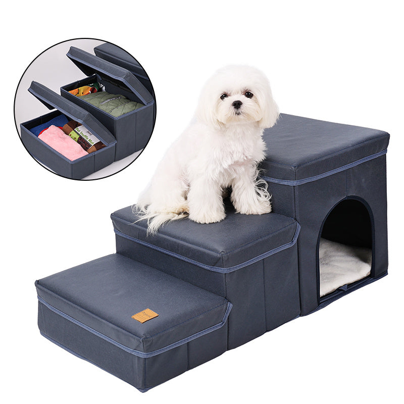 3 Level Foldable Dog Stairs with Built in Storage | Oxford Fabric Dog Ramp Dog Stairs / Dog Stairs white home