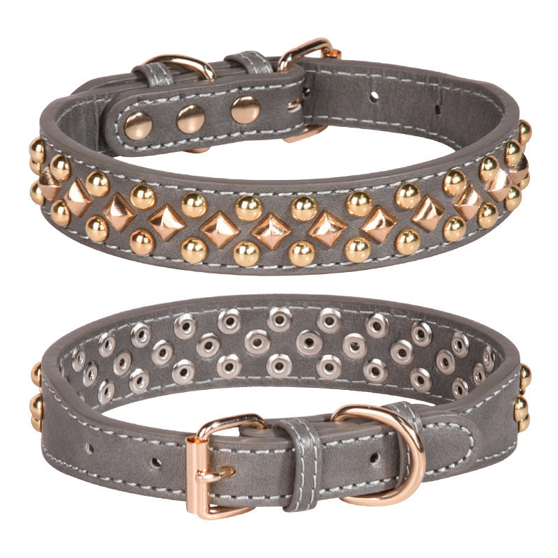 Rivet Golden Leather Dog Collar | Retro Style Dog Collar GRAY / L 51X3.5CM Accessories
