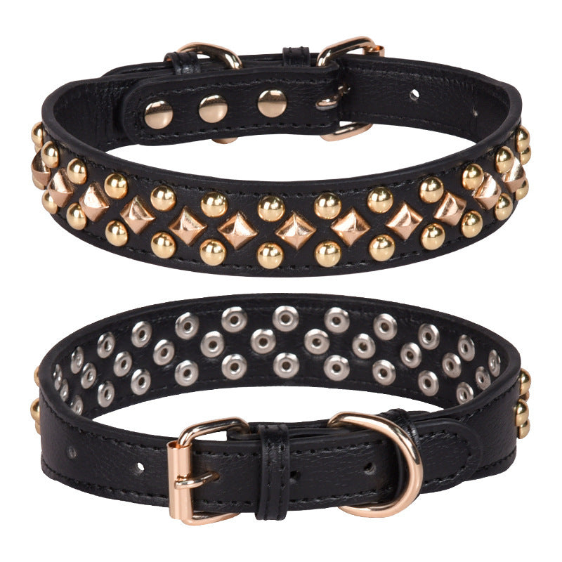 Rivet Golden Leather Dog Collar | Retro Style Dog Collar BLACK / L 51X3.5CM Accessories